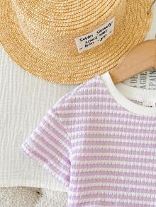LMoss Kids Set 2 Potong Baju dan Celana Pendek Rajut Bergaris Leher Bulat untuk Bayi Perempuan - Mauve Purple - View 4