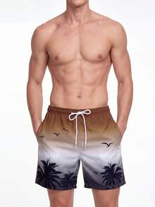 Manfinity KASUA Men's Ombre Graphic Print Slant Pocket Drawstring Waist Beach Shorts - Coffee Brown - View 5