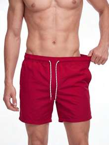 Manfinity KASUA Men Solid Color Drawstring Beach Shorts For Vacation Outfits - Red - View 3