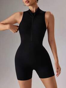 SHEIN Sports 女款素色極簡拉鍊半開襟休閒運動連身褲 - 黑色 - 查看 3
