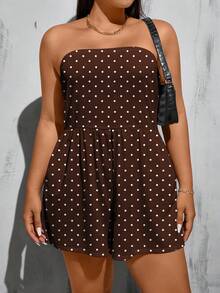 SHEIN Essnce 大尺碼女款圓點無肩帶休閒日常外出連身褲 - 棕色 - 查看 1