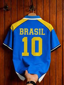 Manfinity Campus Court Men's Plus Size Vintage Brazil Team Polo Shirt With Collar,Blue And Yellow Color Block Loose Casual Jersey,Summer,Streat Wear,Beach Football T-Shirt - Multicolor - View 5
