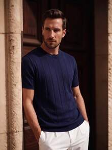 Officeau Men's Solid Color Short Sleeve Knit Vertical Striped Crew Neck Top - Navy Blue - View 6