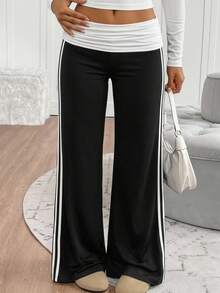 SHEIN Pantalones casuales de punto con bloques de color para adolescentes - Blanco y Negro - Ver 7