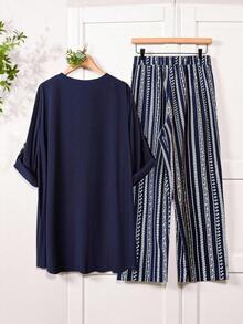 Enliva Plus Size Women 2pcs/Set Notch Neck Sleeveless Top And Striped Wide Leg Pants Casual Outfit,Holiday Outfits Boho Elegant Summer - Navy Blue - View 3