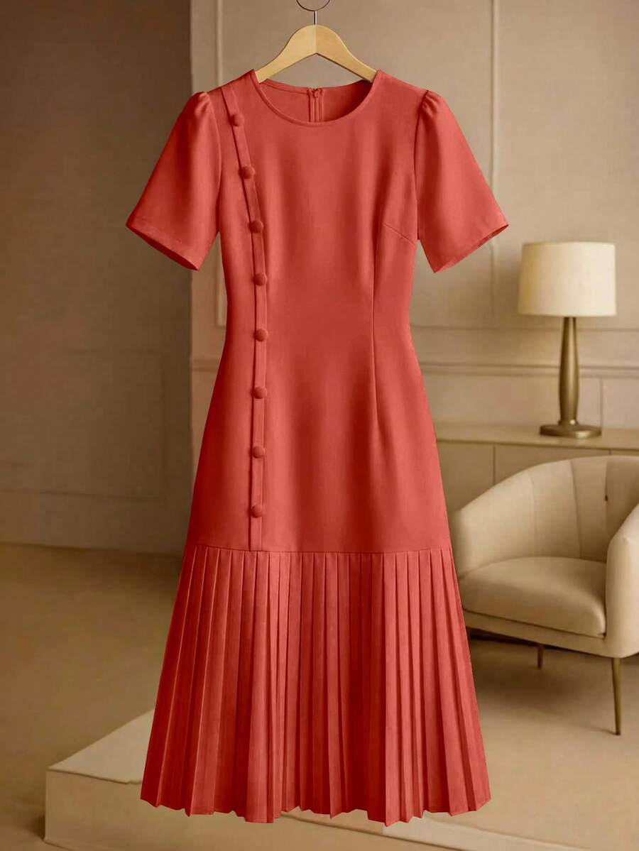 SHEIN Clasi 大尺碼夏季優雅素色百褶裙襬洋裝 - 橘色 - 查看 1
