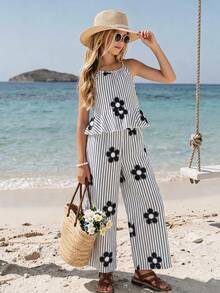 2pcs/Set Tween Girl Spring/Summer Black & White Striped Floral Print, Ruffle Gathered Halter Top, Straight Leg Pants - Black and White - View 3