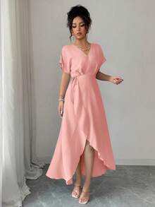 Modelyn Women's Solid Color Casual Elegant Vacation Lace-Up Waist Spring/Summer Mid-Length Dress Dusty Pink - Pink - View 3