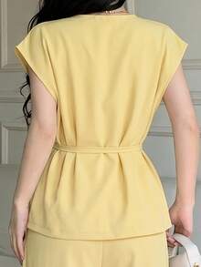 Celisse V-Neck Wrap Tie Waist Asymmetric Shoulder Top + Matching Elastic Waist Pocket Pleated Wide Leg Pants Women's 2 Pieces Set - Yellow - View 3