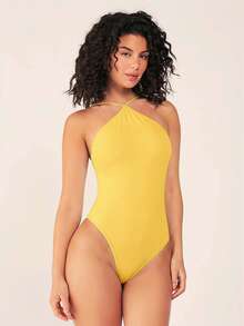 SHEIN BASICS 女士纯色休闲吊带连体衣 - 黃色 - 查看 7