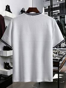 Manfinity Homme Men's Knitted Jacquard Textured Pure White Collar & Cuffs Royal Blue & Off-White Ribbed Neck T-Shirt, Holiday - White - View 2