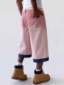 PAVTROS Men's Pocket Distressed Colorblock Loose Casual Capri Jeans - Pink - View 2