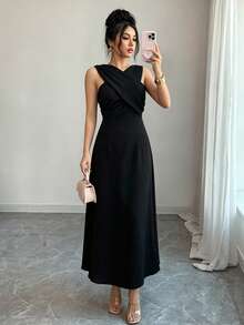 Elenzga Vestido elegante y versátil de unicolor con decoración de mariposa en la espalda, sexy para mujer - Negro - Ver 5