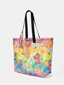 SHEIN X Care Bears 1pcs Fashionable And Lightweight Foldable Printed Pattern Tote Bag, Shopping Bag, Portable Shoulder Bag, Card Storage Bag, Travel And Shopping, Etc - Rainbow - View 3