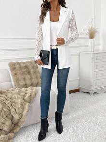 Editum Women's Solid Color Lapel NeckContrast Lace Long Sleeve Elegant Blazer - White - View 3