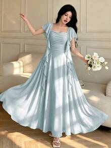 Celisse Women's Elegant Ruffle Hem Patchwork Long Dress, Pleated Design - Turquoise - View 5
