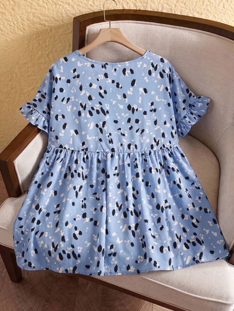 Rusticease Plus Size Casual Resort Style Ruffled Sleeve Allover Print Shirt,Summer Outfits For Women/Summer,Tropical Vacation Woman Clothes - Baby Blue - View 2