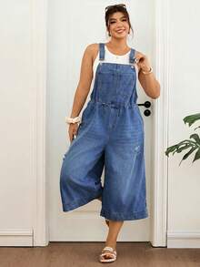 Lounesse Jumpsuit Denim Serbaguna untuk Wanita Ukuran Plus dengan Kantong dan Tali Serut, Potongan Longgar dan Lebar. - Medium Wash - View 4