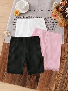 SHEIN Quần legging thoải mái cho bé gái, màu trơn, cạp chun co giãn, gân sọc, viền ren - Nhiều màu - Xem 5