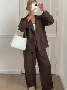 Livesso Solid Color Minimalist Casual Linen Vacation Style Blazer Suit Set For Women, 2 Pieces Office Dark Brown Autumn - Coffee Brown - View 3