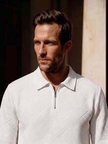 Officeau Men's Half-Zip Knit Polo Sweatshirt, Jacquard Textured Pullover, Casual Vacation Spring Autumn Wear - White - View 7