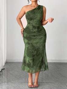 Elenzga Plus Size Mesh Printed One Shoulder Dress - Army Green - View 4