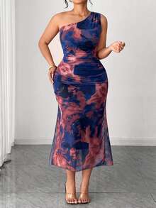 Elenzga Plus Size Mesh Printed Asymmetric Shoulder Dress - Multicolor - View 4