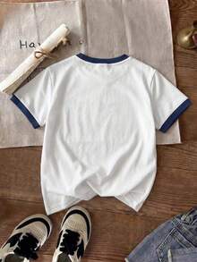 SHEIN Young Girl Knitted Heart Pattern Crew Neck Casual T-Shirt - White - View 2