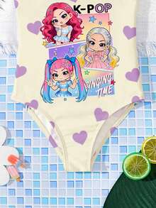 Cream White, Cute Cartoon Girl & Heart Pattern, Young Girls' Casual Minimalist One-Piece Swimsuit, Suitable For Summer - Multicolor - View 4