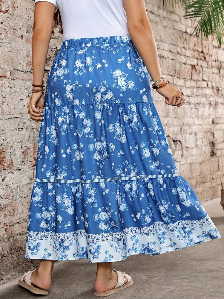 Plus Size Women's Floral Print Casual Versatile Daily Outing Skirt