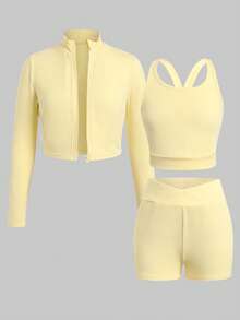 SHEIN Girlism Tween Girl Tween Girl Activewear Set: Cream Knit Long Sleeve Zip-Up Jacket, Vest, And Leggings 3 PiecesOutfit - Yellow - View 9