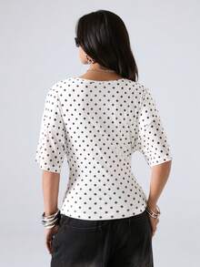 LYSMO 2026 New Arrive Minimalism Spring/Summer Women's V-Neck Polka Dot Ruched Slim Fit Versatile Casual Daily T-Shirt - Black and White - View 2