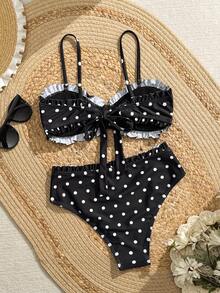 Swim Lushoire Ensemble de bikini à la mode et sexy pour femmes avec imprimé à pois, style influenceur vacances, printemps/été - Noir - Voir 8