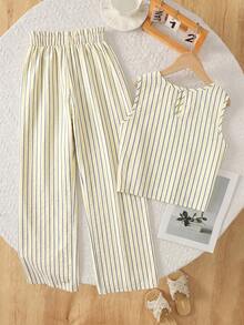 SHEIN 2pcs/Set Tween Girls Striped Tank Top And Loose Pants, Casual Daily Fashion Versatile Outfit - Yellow - View 2