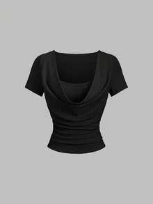Sweetra Desain 2-in-1 Kaos Kerah Bergelombang Romantis Prancis dengan Detail Lipit, Dipadukan dengan Celana Panjang Lurus Bertali Serut, Setelan Kasual Chic untuk Wanita, Musim Semi/Panas - Hitam - View 7