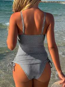 Swim Lushoire SS2025 女款春夏季海灘泳裝，藍白條紋分體式泳衣 - 黑與白 - 查看 2
