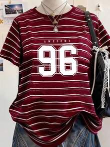 Tween Girls' Digital Striped Print Short Sleeve Top,Burgundy,Summer,Casual,School,Back-To-School,Comfortable Streetwear For Outdoor,Picnics,Vacations - Multicolor - View 4