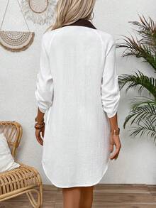 Zayélia Đầm sơ mi nữ phối màu phong cách casual đi làm đi chơi mùa xuân/hè mới - trắng - Xem 2