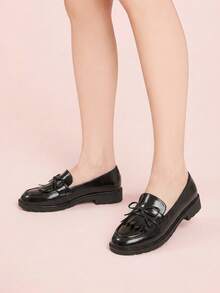 CUCCOO DOLLMOD Women's Tassel Bow Loafer Round Toe Chunky Heel Preppy Office  Black Loafers Commute Daily Shoes - Black - View 4