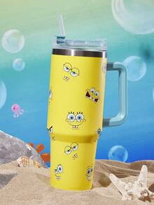 SpongeBob SquarePants | SHEIN 40oz 帶手柄保溫杯，真空隔熱水壺，不鏽鋼旅行馬克杯，車用馬克杯 - 黃色 - 查看 2