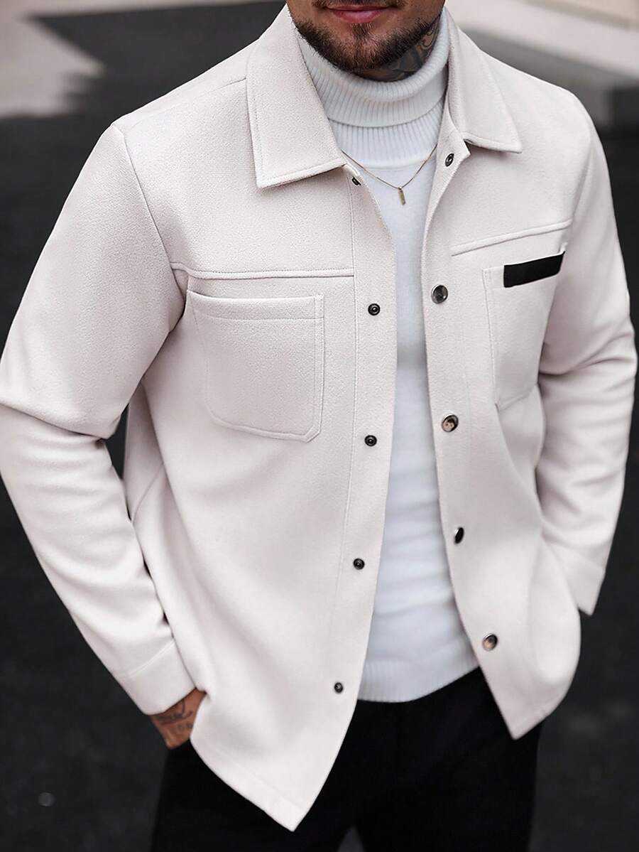 Manfinity CasualCool 男士纯色休闲长袖大衣,适合秋冬季节穿着,米白色纽扣大衣 - 杏色 - 查看 1