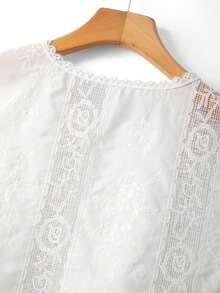 Elenzga 1pc Hollow Embroidery Woven Fabric Sleeveless Round Neck Lace Trim Patchwork Design Scalloped/Wavy Hollow Hem Spring Summer Blouse Elegant Casual Commute Date Afternoon Tea Vacation Travel Leisure Streetwear Exquisite Elegant Daily Wear Spring Summer Blouse - White - View 8