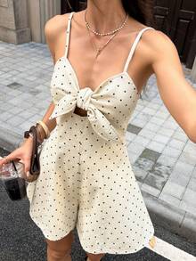Serisse 女款牛仔連身褲，性感復古細肩帶連身短褲，藍色夏季嘉年華服裝通勤度假畢業時尚Y2k可愛街頭風Coquette派對婚禮優雅商務休閒女裝商務海灘畢業優雅波點細肩帶連身短褲女款無袖蝴蝶結細節甜美時尚夏季穿搭 - 白色 - 查看 6