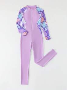 SHEIN 青少年女孩一件式新女孩泳衣 黑色&紫色拼接 長袖長褲 花卉大散花 運動時尚休閒 精緻優雅 女士運動風 明亮活潑可愛俏皮 充滿活力 水上活動 適合游泳 度假 夏季海灘 泳池 拍照 送禮 水上樂園 溫泉 - 紫色 - 查看 5