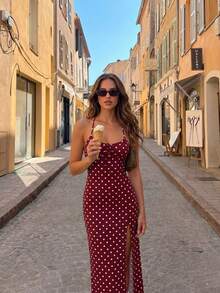 Aloruh Women's Long Strap Dress Simple Fashion - Burgundy - View 6