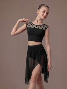 SHEIN 青少年女孩圓點網格拼接上衣與迷你裙運動服套裝 - 黑色 - 查看 3