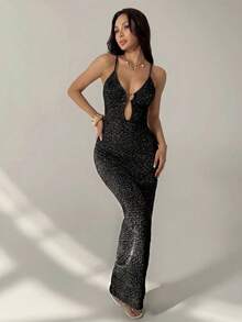 SHEIN PETITE 女裝套裝，米色圓形金屬扣優雅現代女式針織洋裝，適合度假、節日、商務休閒、海邊婚禮、情人節派對、復古、90年代、波希米亞風格 - 黑色 - 查看 3