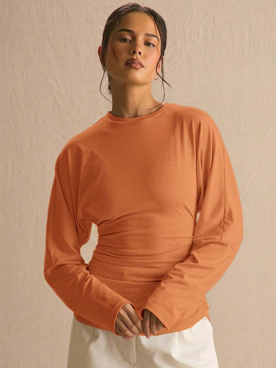 MUSERA Cinched Ruched Waist Batwing Long Sleeve Top Spring Summer Cute Cosy Cottage Core Spring Dew Spring Office - Orange - View 1