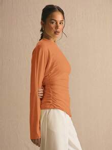 MUSERA Cinched Ruched Waist Batwing Long Sleeve Top Spring Summer Cute Cosy Cottage Core Spring Dew Spring Office - Orange - View 3