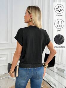 Easowa Áo thun nữ cổ chữ V trơn, phong cách thường ngày, đa năng, mặc hàng ngày - màu đen - Xem 5